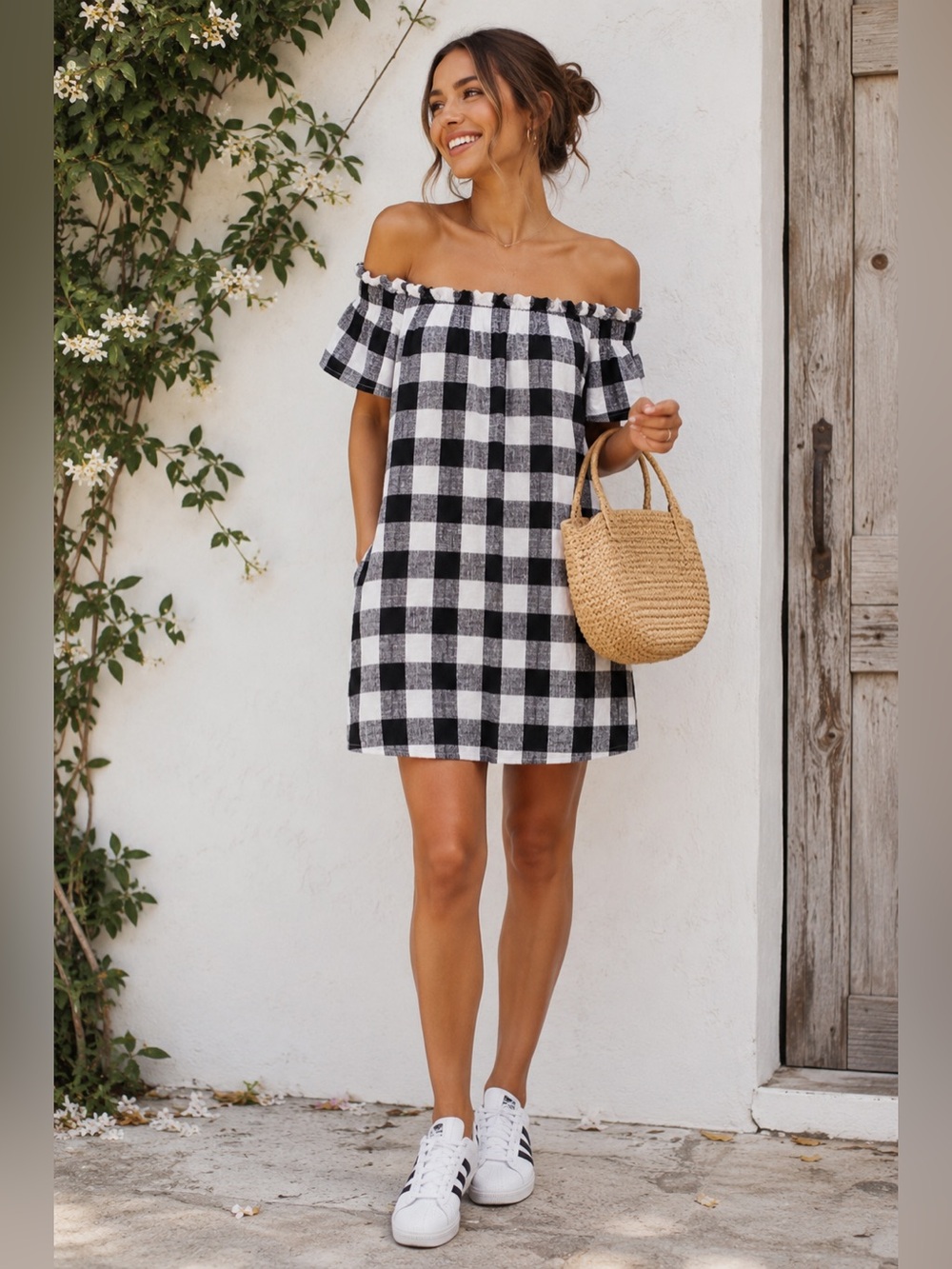 coreylynncalter Anthropologie gingham off shoulder linen blend dress pockets XS